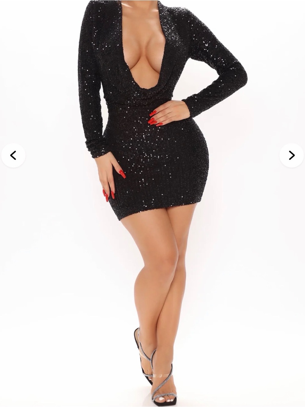 Fashion Nova Black Sequin Deep Plunge Long Sleeve Mini Dress
